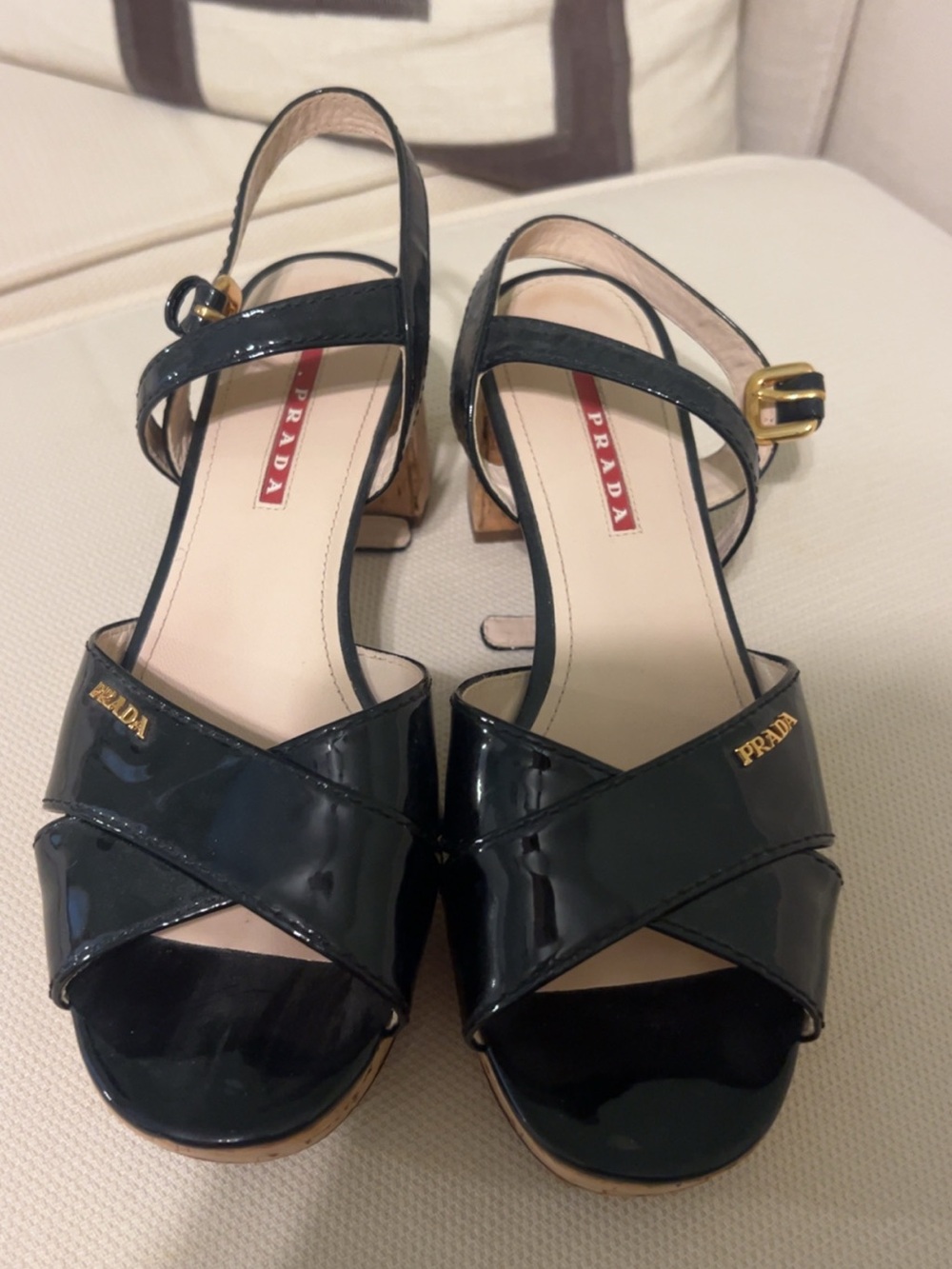 Prada Black Patent Leather Crisscross Slingback Heels